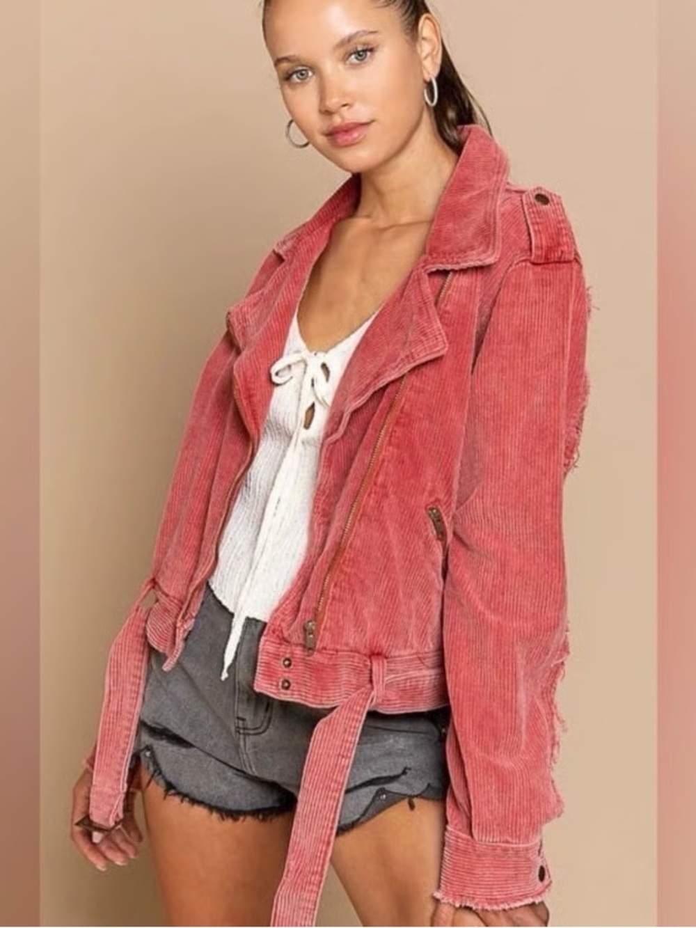 POL Coral Pink Corduroy Belted Moto Jacket